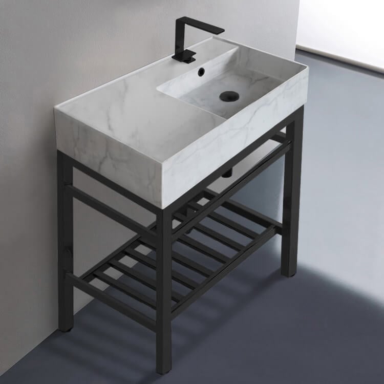 Scarabeo 5118-F-CON2-BLK-One Hole Modern Marble Design Ceramic Console Sink and Matte Black Base